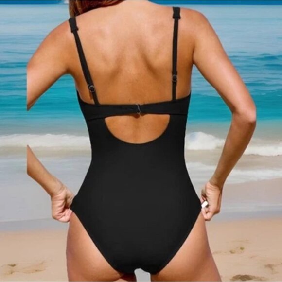 Cupshe Women’s Black One-Piece Swimsuit Small V-Neck Ruched Tummy Control - Picture 3 of 9